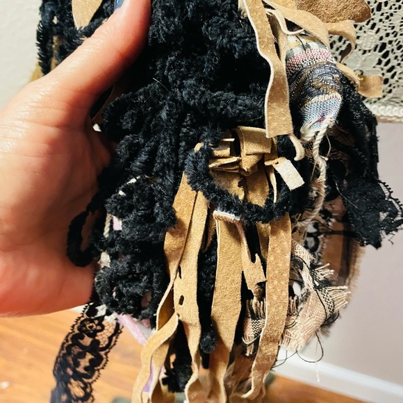 Handmade Leather Fringe Faux Fur Upcycled Statement Upcycled Scarf 76” Unique - Picture 6 of 10